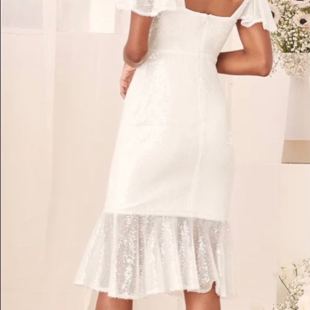 Maximum Sparkle White Sequin Flutter Sleeve Midi … - image 6